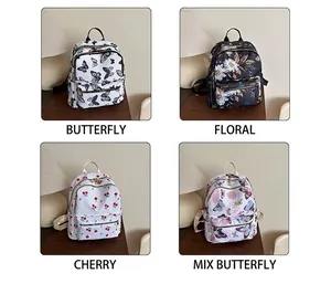 Collage of four printed backpacks with floral, butterfly, and cherry patterns
