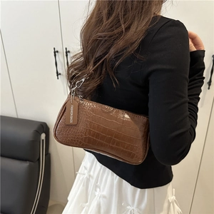 Minimalist dark brown crocodile pattern underarm baguette bag with glossy finish for women