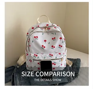 Detail view of white cherry print backpack with smartphone for scale comparison