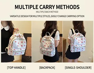 Three-way carry demonstration of white cherry print backpack with nylon fabric