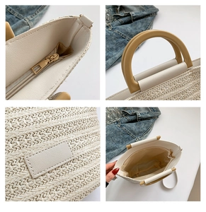 Detail shots of handwoven bucket bag with cream leather accents and resin round handles