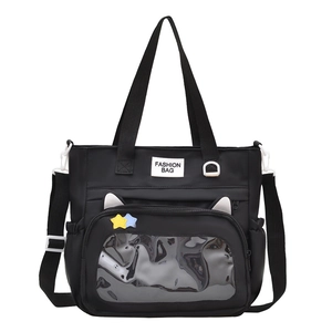 Sac d'école noir avec oreilles de chat, poche transparente et bandoulière réglable