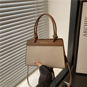 Fashion Women Color Block Handbag PU Leather Canvas Patchwork Shoulder Crossbody Bag With Top Handle Zipper Closure Satchel