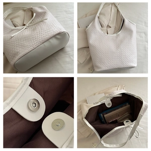 Detailed views of beige woven leather tote showing magnetic closure and spacious interior