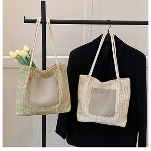 Straw woven tote bags in khaki and beige colors featuring leather pockets and long rope handles