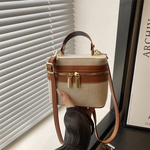 Vintage Box Crossbody Bag For Women Canvas PU Leather Patchwork Mini Vanity Case With Adjustable Strap Top Handle Handbag