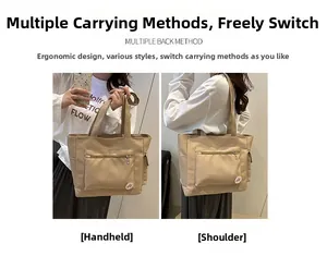 Detailed view of khaki nylon tote bag with front zipper pocket for shoulder and hand carry