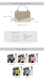 Detailed view of women's stylish PU leather handbag with size specs and strap details