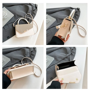 Detailed views of color-block handbag showing texture, bottom, and interior space