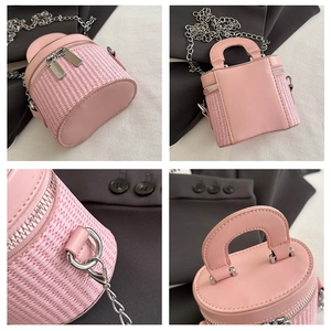 Detail views showing pink leather stitching, woven texture, and chain strap on bucket bag