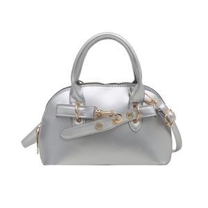Borsa a mano retrò argento metallizzato con doppi manici e cinturino con occhielli metallici