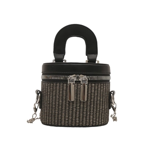 Mini cylindrical bucket bag with woven body, black leather trim and silver dual zippers