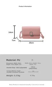 Pink PU crossbody bag size chart showing dimensions 20x14x7cm and adjustable strap detail