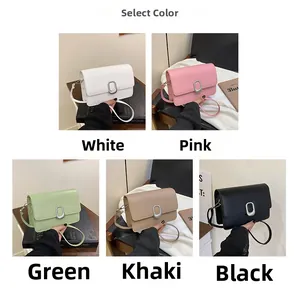 Collage of five minimalist crossbody bags in white pink green khaki and black with metal buckles