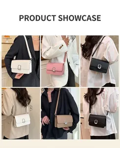 Collage of four minimalist square crossbody bags shown on a model in different colors