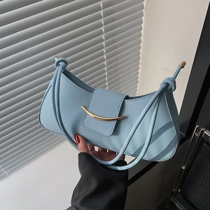 Women PU Leather Hobo Bag French Style Minimalist Half Moon Shoulder Bag Gold Metal Buckle Knot Handle Crossbody Fashion Bag