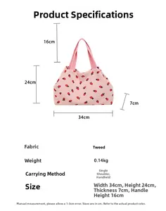 Detailed dimensions and specs of pink corduroy strawberry tote bag with handle