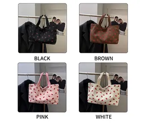 Collage of four strawberry print corduroy tote bags in black, brown, pink and white
