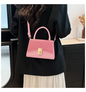 Detail of pink crossbody bag with gold metal lock and handle worn by a model