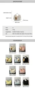Detailed chart showing size 24x17.5cm and color options for textured bucket handbag