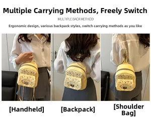 Gelber Mini-Rucksack, präsentiert als Handtasche, Umhängetasche und Rucksack im Alltag