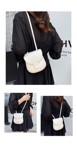 Three-way view of a cream mini crossbody bag shown on a model against a modern background