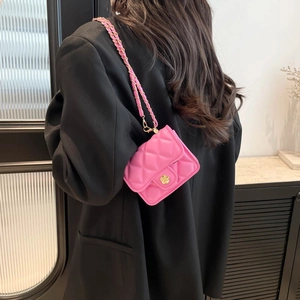 Chic rose pink quilted mini chain bag with golden camellia flower buckle for women