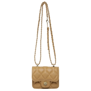 Elegant quilted mini crossbody bag with gold rose buckle and chain strap on white background