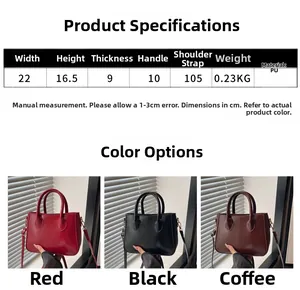 Detailed size chart and multi-color PU leather handbags in red, black, and brown