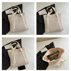 Detail view of the woven tote bag showing the interior lining and large capacity storage