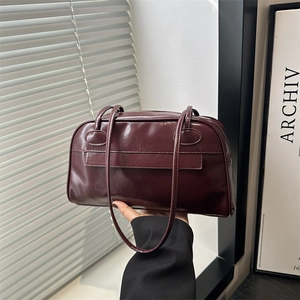 Women Large Capacity PU Leather Shoulder Bag Retro Minimalist Zipper Bowling Bag Underarm Commuter Tote Handbag