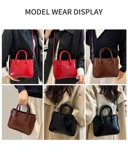 Collage of chic leather crossbody bags in red, brown, and black worn by a fashion model