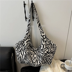 Women Fashion Large Capacity Canvas Tote Bag Zebra Leopard Plaid Print Shoulder Bag Casual Ruched Travel Hobo Bag Minimalist Handbag