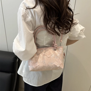 Chic pink lace handbag with white butterfly embroidery and dual handles for women