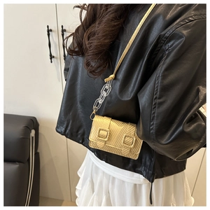 Detail of golden woven crossbody bag with dual buckles and clear acrylic chain strap