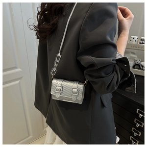 Silver carbon fiber texture mini crossbody bag with stylish acrylic chain strap