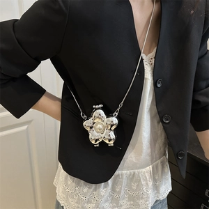 Chic silver metal flower mini crossbody bag with white pearl center and thin chain