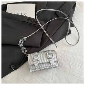 Detail of silver woven texture mini crossbody bag with acrylic chain and double buckles