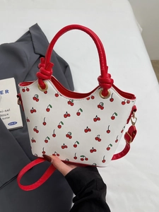 Sac Seau pour Femmes en Cuir PU Imprimé Cerise Sac à Main Blanc Rouge Avec Bandoulière Réglable et Pendentif Cerise Mignon