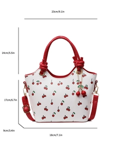 Sac à main blanc à imprimé cerise avec dimensions incluant largeur haute 23 cm