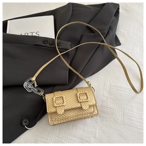 Detail of champagne gold woven texture crossbody bag with acrylic chain strap and buckles