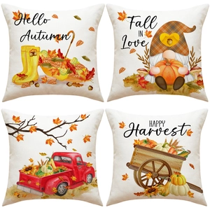 Funda de Almohada de Otoño Acción de Gracias Calabaza Gnomo Girasol Camión Poliéster Lino Funda de Cojín para Sofá