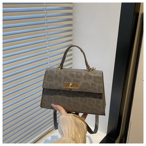 Detail of grey leopard print handbag with golden twist lock and matte texture surface