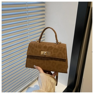 Detail of leopard print handbag with metal twist lock and top handle in natural light