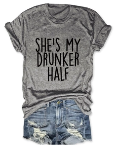 Detail of rolled sleeve on grey cotton T-shirt with She's My Drunker Half print