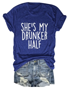 Detail of navy blue crew neck T-shirt with She's My Drunker Half print and denim shorts