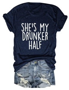 Navy crew neck T-shirt with 'SHE'S MY DRUNKER HALF' slogan paired with denim shorts