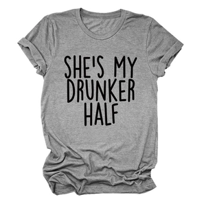 Detail of grey crewneck T-shirt with black SHE'S MY DRUNKER HALF text print