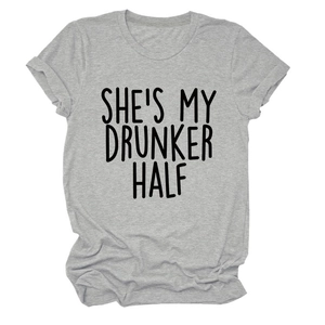 Detail of grey crewneck T-shirt featuring She's My Drunker Half graphic print design