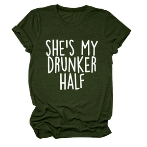 Detail of army green crewneck T-shirt with She's My Drunker Half letter print